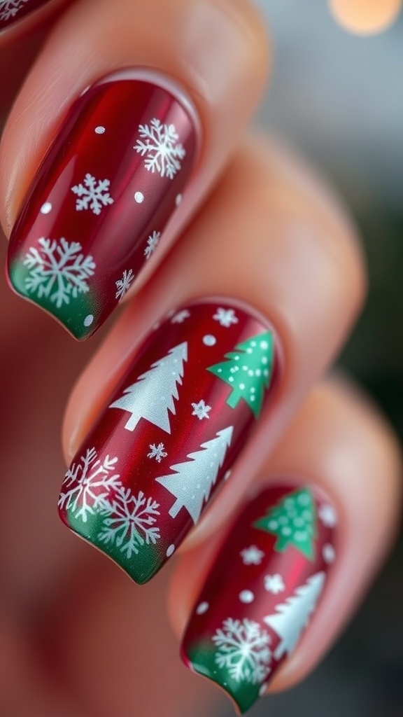 Close-up of winter Christmas nail art with red and green colors, decorated with snowflakes and Christmas trees.